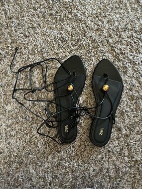 ZARA Black Lace-Up Flat Sandals with Gold Accent